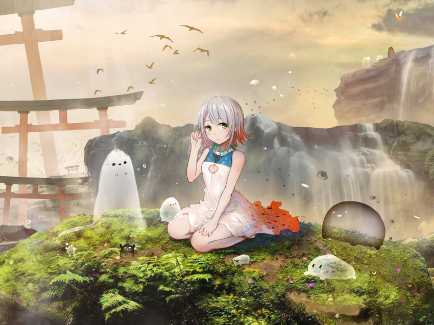 akky_(akimi1127) animal bird dress grass gray_hair green_eyes leaves original short_hair torii water waterfall