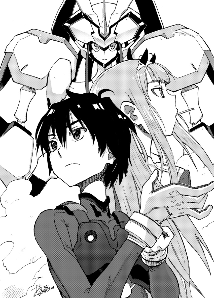 1boy bodysuit commentary_request darling_in_the_franxx female gloves greyscale hair_ornament hairband highres hiro_(darling_in_the_franxx) horns long_hair mecha monochrome mouth_hold oni_horns pilot_suit ressanpanda robot science_fiction signature strelizia zero_two_(darling_in_the_franxx)