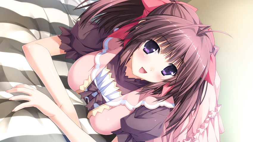 bed berry's blush brown_hair dress game_cg hairbow highres izuno_youko looking_at_viewer open_mouth purple_eyes short_hair sphere