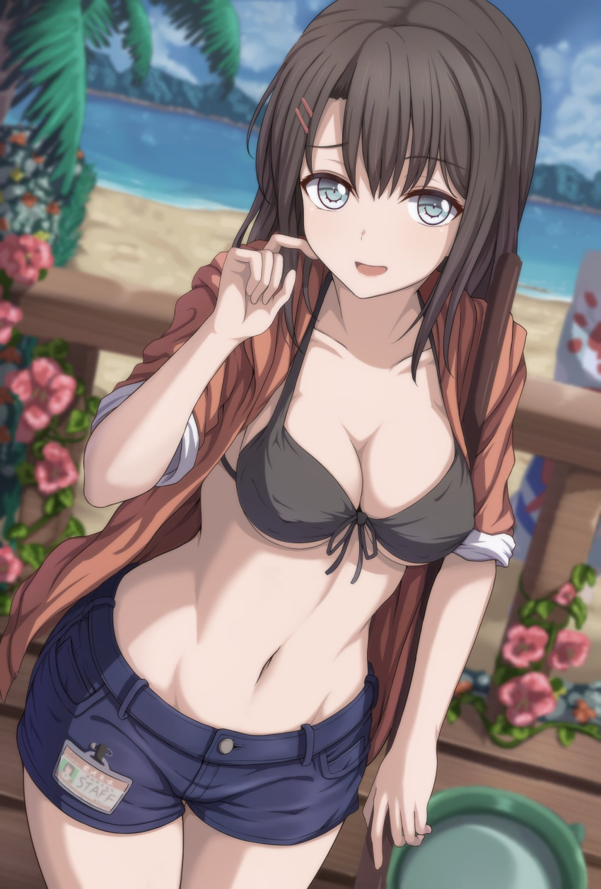 :d bad_id bad_twitter_id bang_dream! beach bikini bikini_top_only black_bikini black_hair blue_eyes blue_shorts blue_sky blurry blurry_background breasts broom brown_jacket bucket cleavage cloud cloudy_sky collarbone commentary cowboy_shot day depth_of_field dutch_angle female fence flower front-tie_bikini_top front-tie_top groin hair_ornament hairclip halterneck hand_up highres holding holding_broom hood hood_down hooded_jacket jacket long_hair looking_at_viewer medium_breasts morning_glory name_tag narafume navel ocean okusawa_misaki open_clothes open_jacket open_mouth outdoors palm_tree pink_flower red_flower short_shorts short_sleeves shorts sky smile solo standing stomach swimsuit tree water