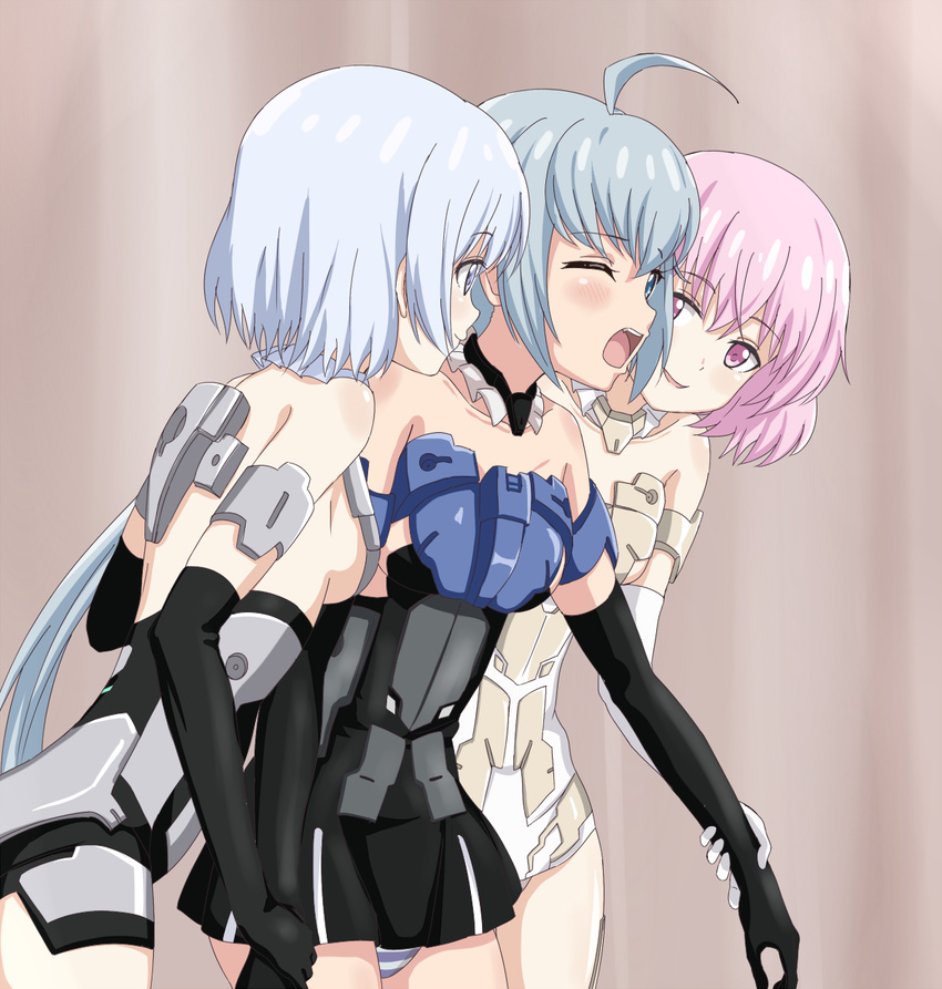 3girls ahoge bare_shoulders black_gloves blue_hair commentary_request elbow_gloves frame_arms_girl gloves highres long_hair materia_(frame_arms_girl) materia_kuro materia_shiro multiple_girls one_eye_closed open_mouth panties pantyshot pink_eyes pink_hair short_hair silver_hair sincos standing striped_clothes striped_panties stylet underwear very_long_hair wince