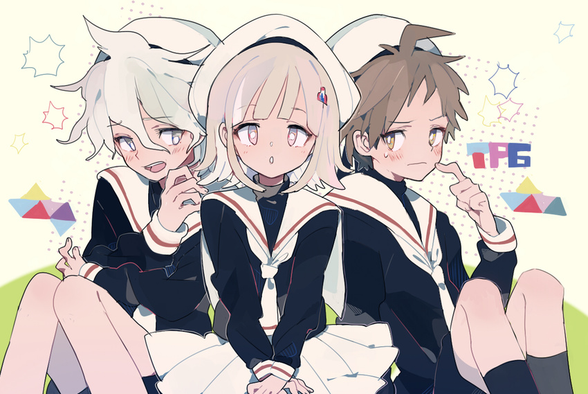 2boys aged_down ahoge bad_id bad_pixiv_id blush brown_hair cardcaptor_sakura cosplay danganronpa_(series) danganronpa_2:_goodbye_despair female galaga green_eyes grey_eyes hair_ornament hairclip hat hinata_hajime kinomoto_sakura kinomoto_sakura_(cosplay) komaeda_nagito legs_folded li_syaoran li_syaoran_(cosplay) medium_hair multiple_boys nanami_chiaki pikaro pink_eyes pleated_skirt sailor_collar school_uniform serafuku short_hair shorts skirt socks tomoeda_elementary_school_uniform white_hair white_hat