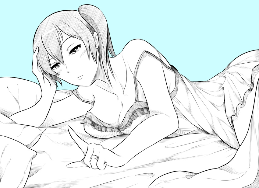 aqua_theme bad_id bad_pixiv_id bed blue_theme commentary english_commentary female jewelry kaga_(kancolle) kantai_collection lying monochrome nightgown ring short_hair side_ponytail solo wangphing wedding_ring