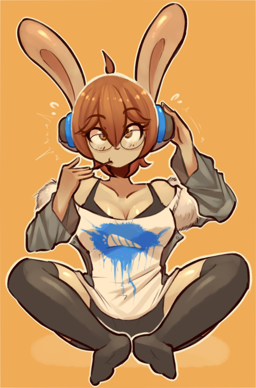 better_version_at_source bra brianne_(spikedmauler) brown_eyes clothing electronics eyewear female glasses hair headphones hi_res lagomorph leggings legwear leporid mammal rabbit sagging shirt simple_background spikedmauler topwear underwear