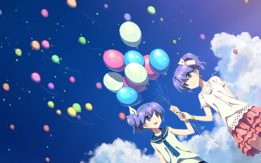 2girls :d balloon blue_eyes bracelet casual cloud djmax djmax_portable hair_ribbon highres jewelry ladymade_star multiple_girls nina_klatt open_mouth purple_hair ribbon school_uniform sehra_klatt serafuku shirt siblings side_ponytail sisters skirt sky smile twins yuuki_tatsuya