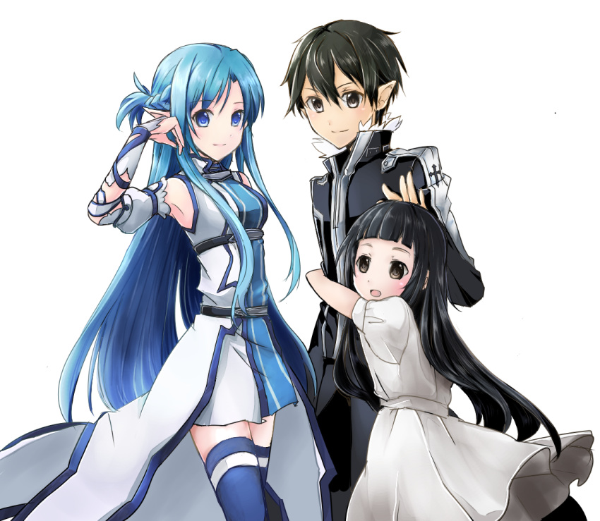 1boy 2girls :d age_difference asuna_(sao) asuna_(sao-alo) bad_id bad_pixiv_id black_hair black_jacket black_pants blue_eyes blue_hair blue_thighhighs blunt_bangs braid breasts brown_eyes cape commentary_request detached_sleeves dress elf family floating_hair height_difference hug jacket kirito kirito_(sao-alo) lolicon long_hair medium_breasts multiple_girls open_mouth pants pointy_ears sau_(bluepoper) short_dress short_sleeves simple_background sleeveless sleeveless_dress smile standing sundress sword_art_online thighhighs very_long_hair waist_cape white_background white_cape white_dress white_sleeves yui_(sao) zettai_ryouiki