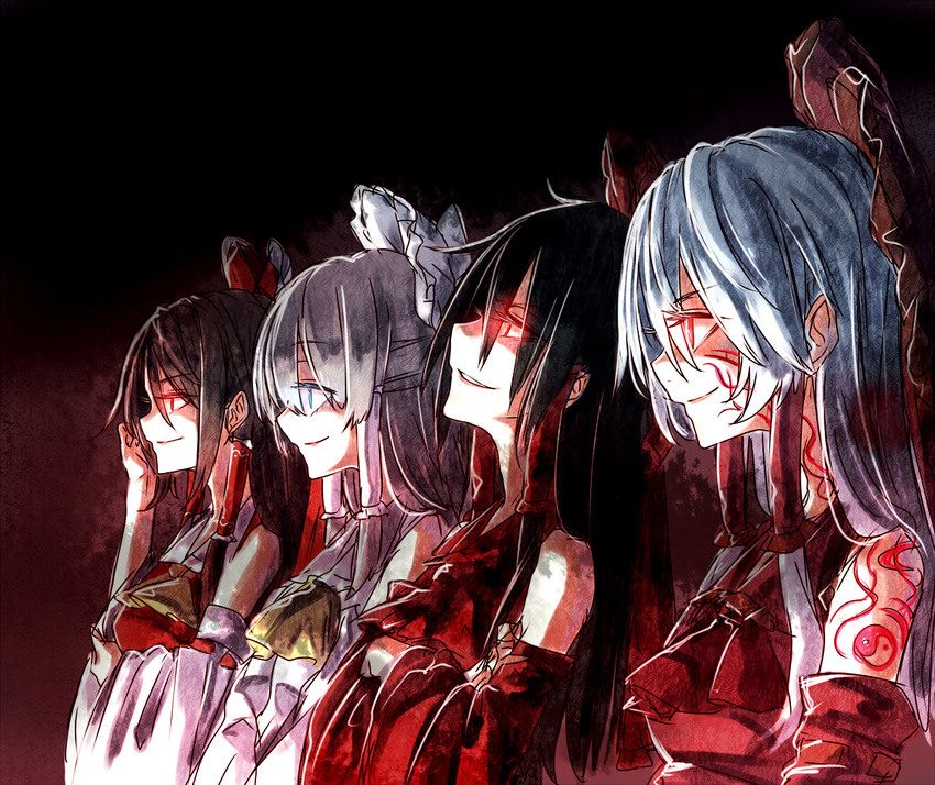 4girls ascot bare_shoulders bow commentary_request crossed_arms detached_sleeves evil_eyes evil_grin evil_smile glowing glowing_eyes grin group_picture group_profile hair_tubes hairbow hakurei_reimu honki-reimu lineup long_hair m.u.g.e.n maga-reimu multiple_girls multiple_persona onimiko profile rion_(glayjirobass) smile tattoo touhou upper_body white-reimu yin_yang