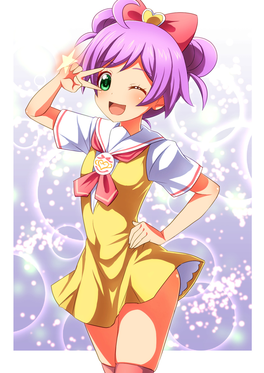 ;d ahoge bow commentary_request double_bun female green_eyes hair_bun hairbow hand_on_own_hip heart highres looking_at_viewer manaka_laala manaka_laala_(young) one_eye_closed open_mouth paprika_private_academy_school_uniform pretty_series pripara purple_hair rokko school_uniform short_hair smile solo star_(symbol) thighhighs v v_over_eye