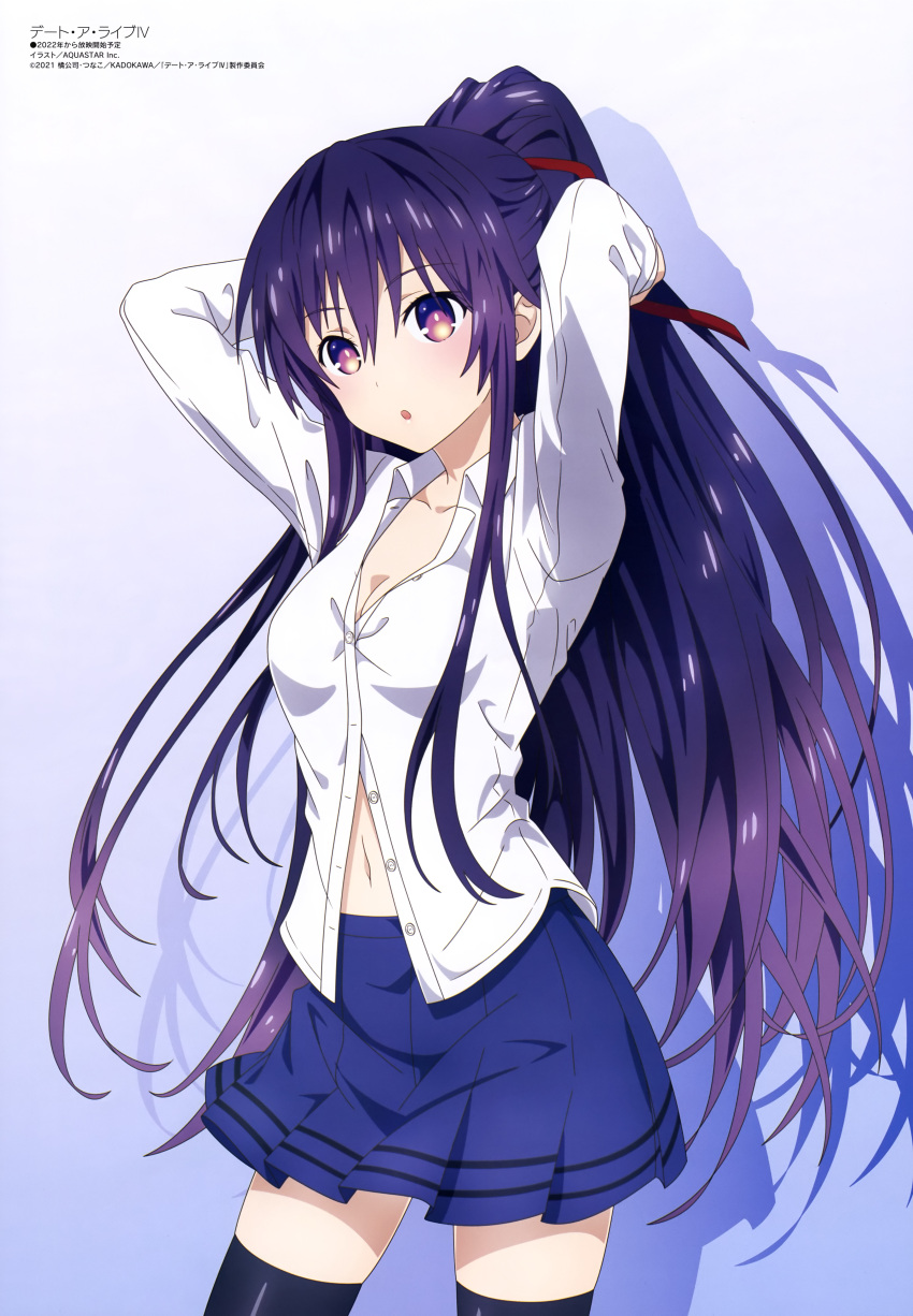 absurdres arms_up black_thighhighs blue_skirt breasts cleavage collarbone collared_shirt cowboy_shot date_a_live female gradient_background hair_between_eyes hair_tie highres long_hair long_sleeves megami_magazine navel official_art open_clothes open_shirt parted_lips pleated_skirt purple_eyes purple_hair raizen_high_school_uniform scan school_uniform shirt simple_background skirt small_breasts solo standing thighhighs tying_hair very_long_hair white_shirt yatogami_tooka