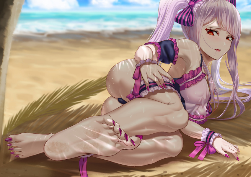 ass barefoot beach commentary day feet female fingernails foot_focus highres long_hair nail_polish open_mouth outdoors overlord_(maruyama) red_eyes seven_(corea0918) shade shadow shalltear_bloodfallen sharp_fingernails sharp_toenails soles solo swimsuit toenail_polish toenails toes water white_hair