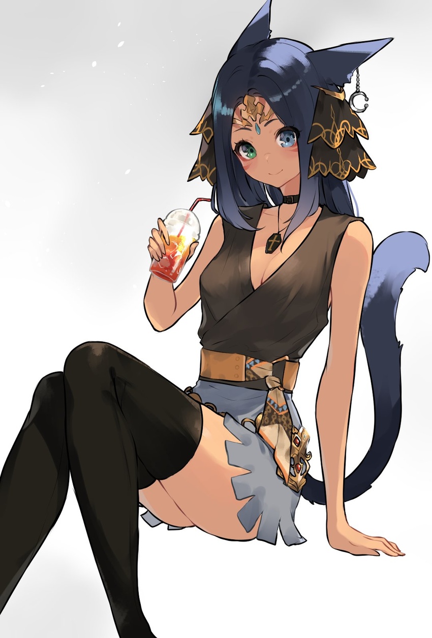 animal_ears arm_rest blue_hair brown_shirt cat_ears collar crossed_legs drink earrings facial_mark female final_fantasy final_fantasy_xiv grey_skirt hair_ornament heterochromia highres iced_tea jewelry miqo'te necklace sakotach sash shirt sitting skirt smile solo tail thighhighs tiara warrior_of_light_(ff14)