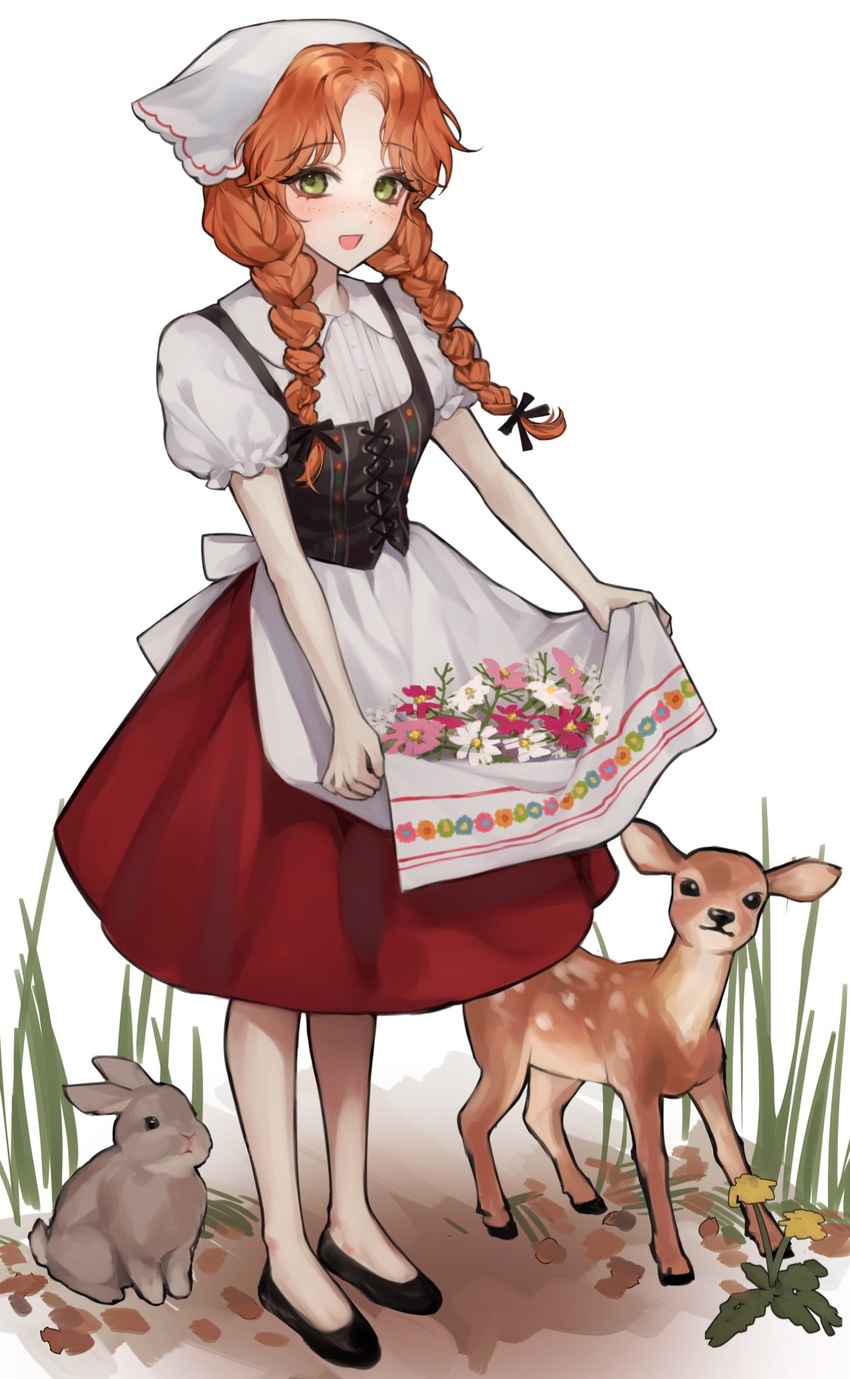 :d animal apron apron_lift bad_id bad_twitter_id bamme_o3o black_footwear black_ribbon blush braid clothes_lift commentary_request deer female floral_print freckles full_body grass green_eyes hair_ribbon highres korean_commentary orange_hair original parted_bangs puffy_short_sleeves puffy_sleeves rabbit red_skirt ribbon short_sleeves simple_background skirt smile solo standing twin_braids white_background white_headwear