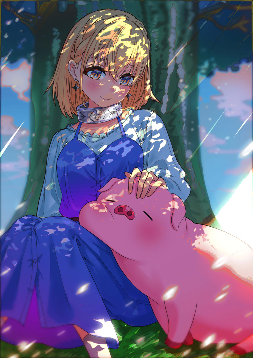 animal blonde_hair blue_dress breasts buta_no_liver_wa_kanetsu_shiro collar collarbone dress earrings female headpat highres jess_(buta_no_liver_wa_kanetsu_shiro) jewelry long_skirt long_sleeves medium_breasts outdoors pig pig_(buta_no_liver_wa_kanetsu_shiro) shirt sitting skirt socks tokishima_sikuka tree white_shirt yellow_eyes