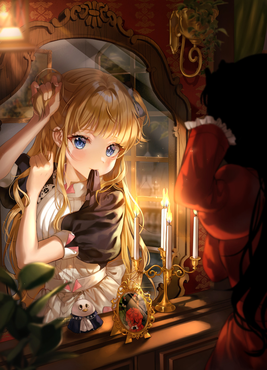 2girls absurdres aina_156cm apron blonde_hair blue_eyes blurry blurry_background blurry_foreground candle candlestand commentary depth_of_field different_reflection dress emilico_(shadows_house) frilled_sleeves frills highres indoors kate_(shadows_house) living_doll_uniform long_hair long_sleeves maid mirror mouth_hold multiple_girls puffy_short_sleeves puffy_sleeves red_dress reflection ribbon ribbon_in_mouth shadow_(shadows_house) shadows_house short_sleeves two_side_up tying_hair window