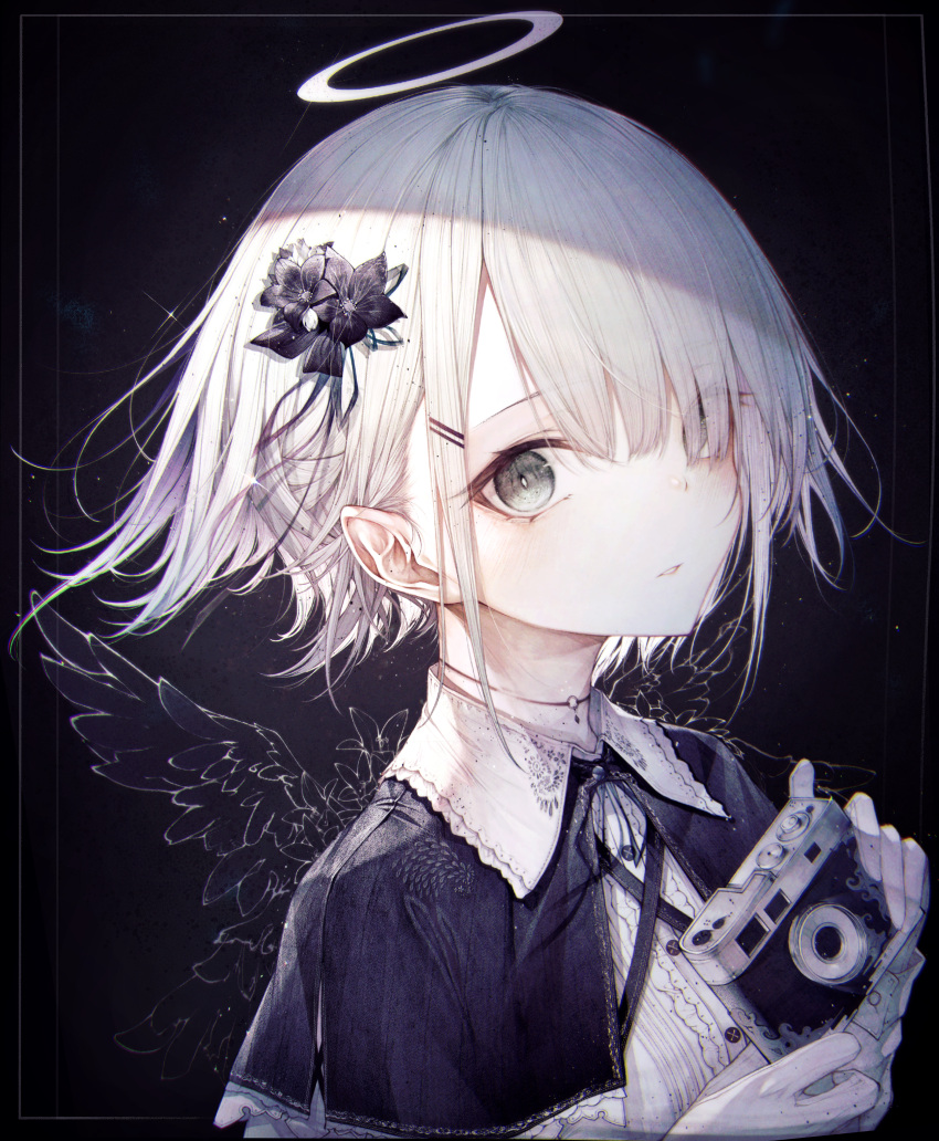 absurdres black_capelet black_flower camera capelet commentary_request eyes_visible_through_hair female floating_hair flower gloves green_eyes hair_flower hair_ornament hair_over_one_eye hairclip halo highres hito_komoru holding holding_camera looking_at_viewer original parted_lips shirt short_hair solo upper_body white_gloves white_hair white_shirt wings