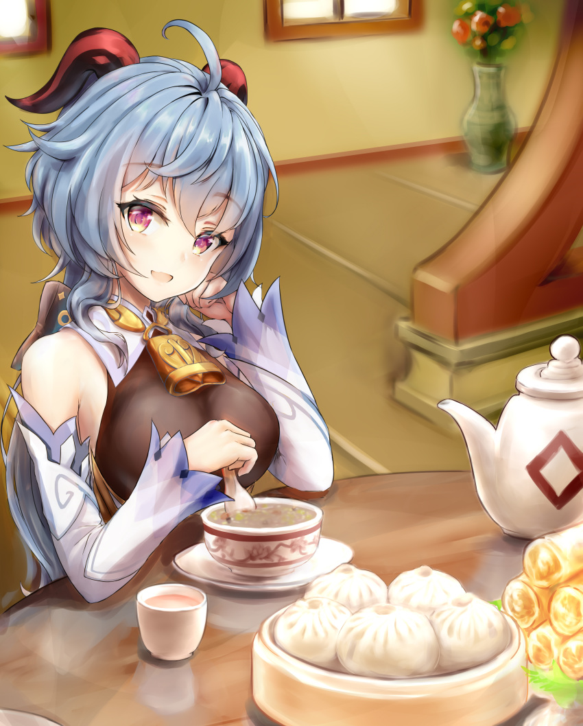 absurdres ahoge bad_id bad_pixiv_id baozi bare_shoulders bell blue_hair bodystocking breasts chinese_commentary cowbell cup detached_sleeves female food ganyu_(genshin_impact) genshin_impact goat_horns head_rest highres holding holding_spoon horns indoors large_breasts light_blue_hair looking_at_viewer mug neck_bell open_mouth plant potted_plant skin_tight solo spoon spring_roll table teapot wavy_hair white_sleeves window wooden_floor yuye