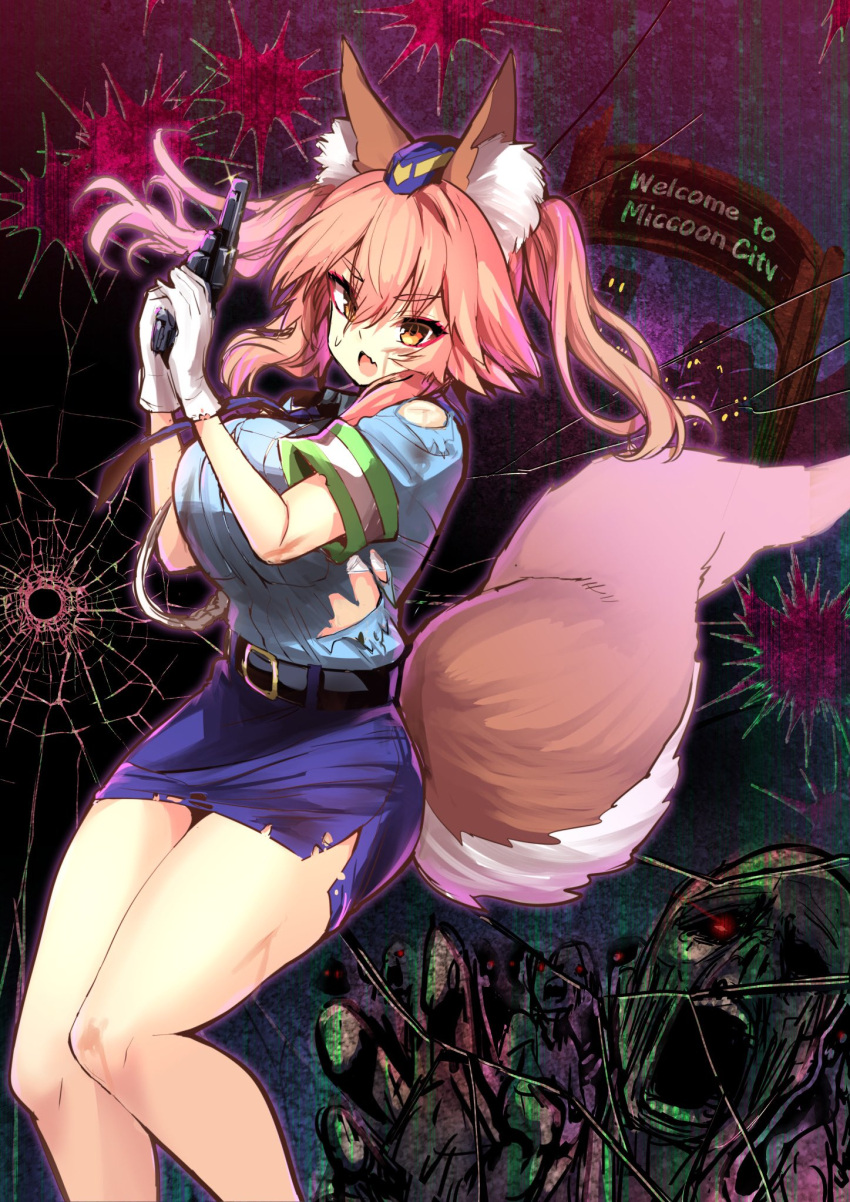 animal_ear_fluff animal_ears blue_shirt breasts bullet_hole english_text fate/extella fate/extella_link fate/extra fate_(series) female female_service_cap fox_ears fox_girl fox_tail gloves gun handgun hat highres holding holding_gun holding_weapon large_breasts necktie night official_alternate_costume open_mouth outdoors parody pink_hair police police_badge police_hat police_uniform policewoman resident_evil revolver scratches shirt sign skirt solo_focus tail tamamo_(fate) tamamo_no_mae_(fate/extra) tamamo_no_mae_(police_fox)_(fate) torn_clothes torn_shirt torn_skirt uniform weapon wisespeak yellow_eyes zombie