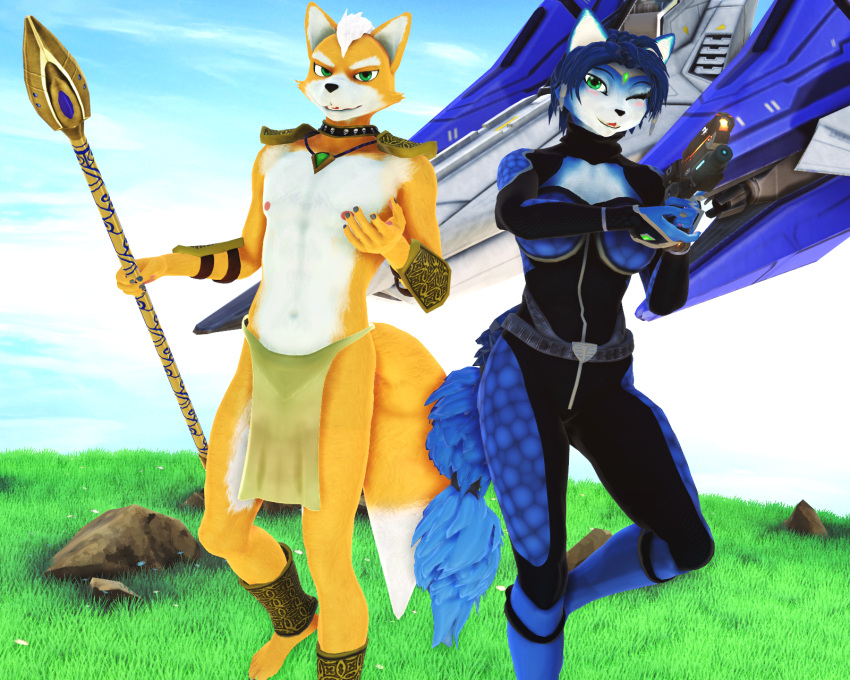 3d_(artwork) 5:4 anthro arwing blue_body blue_fur blue_hair bottomwear breasts canid canine clothed clothing digital_media_(artwork) duo female fox fox_mccloud fur gun hair hi_res holding_object jewelry krystal_(star_fox) loincloth looking_at_viewer male malicekira mammal melee_weapon mikumikudance_(artwork) necklace nintendo nipples open_mouth polearm ranged_weapon smile staff star_fox tribal warfare_fox warfare_krystal warfare_machine weapon white_body white_fur