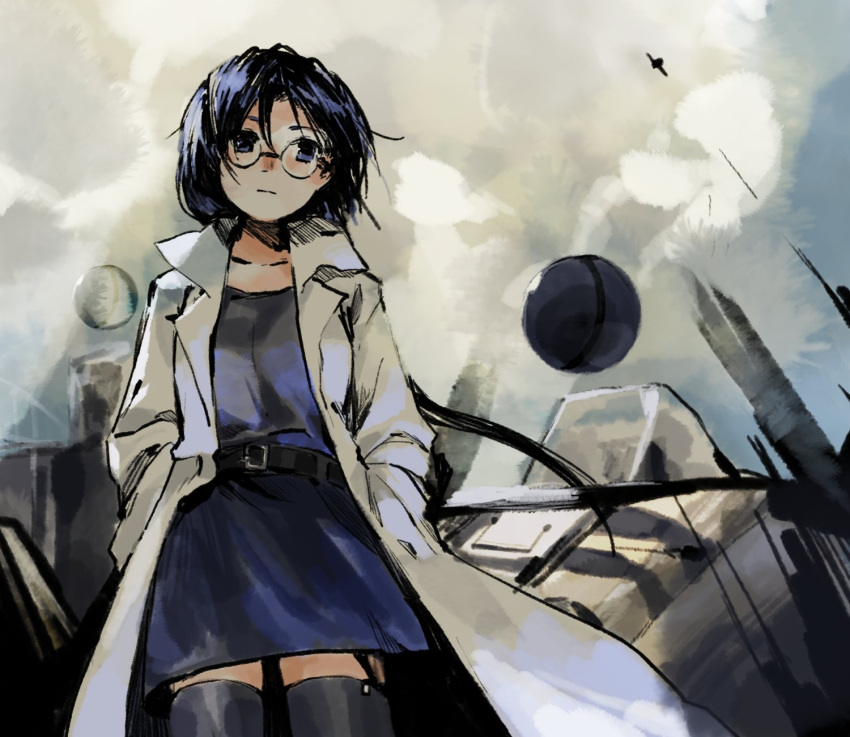 black_hair black_thighhighs blue_shirt breasts closed_mouth coat collarbone commentary_request cowboy_shot female garter_straps glasses hands_in_pockets head_tilt highres kaigen_1025 kioh_gyoku lab_coat long_coat long_sleeves medium_breasts miniskirt morgan_(seihou) open_clothes open_coat purple_skirt seihou shirt skirt solo thighhighs white_coat zettai_ryouiki