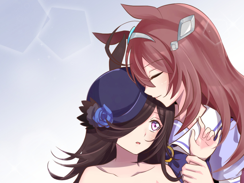 2girls ahoge animal_ears black_hair blush bow bowl bowl_hat bowtie brown_hair closed_eyes collarbone commentary earrings flower gradient_background hair_over_one_eye hairband hat hat_flower holding_another's_wrist horse_ears horse_girl horseshoe_ornament jewelry long_hair looking_at_another mihono_bourbon_(umamusume) multiple_girls puffy_short_sleeves puffy_sleeves purple_eyes purple_shirt rice_shower_(umamusume) sailor_collar sailor_shirt school_uniform shirt short_sleeves simple_background sparkle_background summer_uniform tracen_school_uniform umamusume yuetan_(ssvs73608) yuri