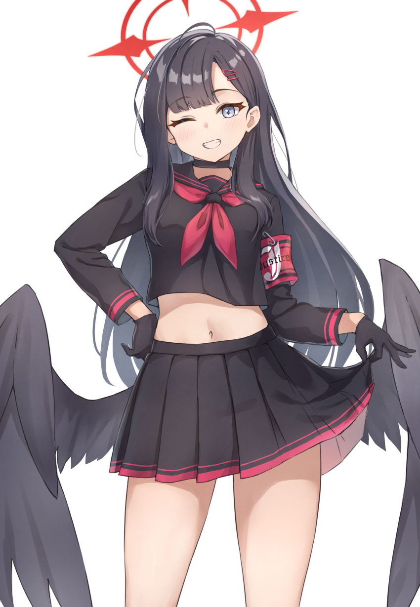 armband black_choker black_gloves black_hair black_sailor_collar black_serafuku black_skirt black_wings blue_archive blush choker cowboy_shot feathered_wings female gloves grey_eyes grin hair_ornament hairclip halo highres ichika_(blue_archive) long_hair low_wings matsu520 md5_mismatch neckerchief one_eye_closed pleated_skirt red_armband red_halo red_neckerchief resolution_mismatch revision safety_pin sailor_collar school_uniform serafuku simple_background skirt smile solo source_smaller unusually_open_eyes white_background wings