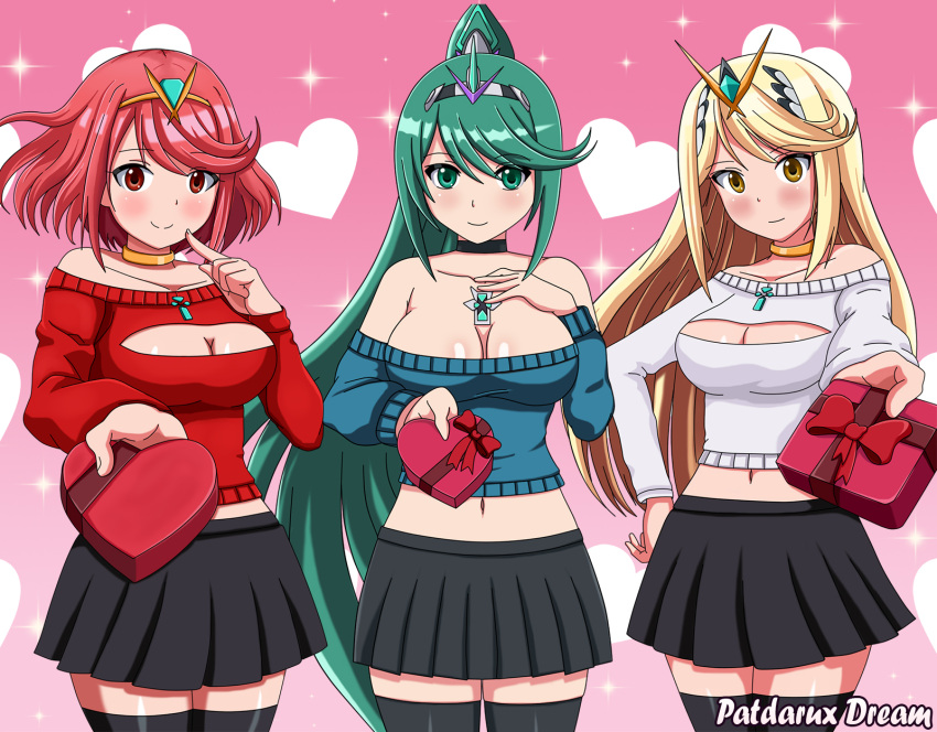 3girls absurdly_long_hair adjusting_hair alternate_costume artist_name bare_shoulders black_legwear blonde_hair blush breasts casual cleavage cleavage_cutout closed_mouth clothing_cutout commission contemporary covered_navel crop_top cropped_sweater gem gift gradient_background green_eyes green_hair green_shirt hair_ornament hand_on_own_chest headpiece heart highres holding holding_gift jewelry large_breasts long_hair looking_at_viewer midriff multiple_girls mythra_(xenoblade) navel necklace patdarux pink_background pneuma_(xenoblade) pose pyra_(xenoblade) red_eyes red_hair red_shirt ribbon shadow shiny_skin shirt short_hair shy skindentation skirt smile sparkle standing swept_bangs thighhighs thighs tiara valentine very_long_hair watermark white_shirt xenoblade_chronicles_(series) xenoblade_chronicles_2 yellow_eyes