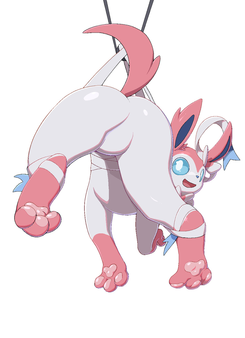 2023 ambiguous_gender ass blue_eyes bound eeveelution featureless_crotch feral fur generation_6_pokemon hi_res nintendo open_mouth open_smile pata pawpads paws pink_body pink_fur pokemon pokemon_(species) rear_view simple_background smile solo sylveon white_background white_body white_fur