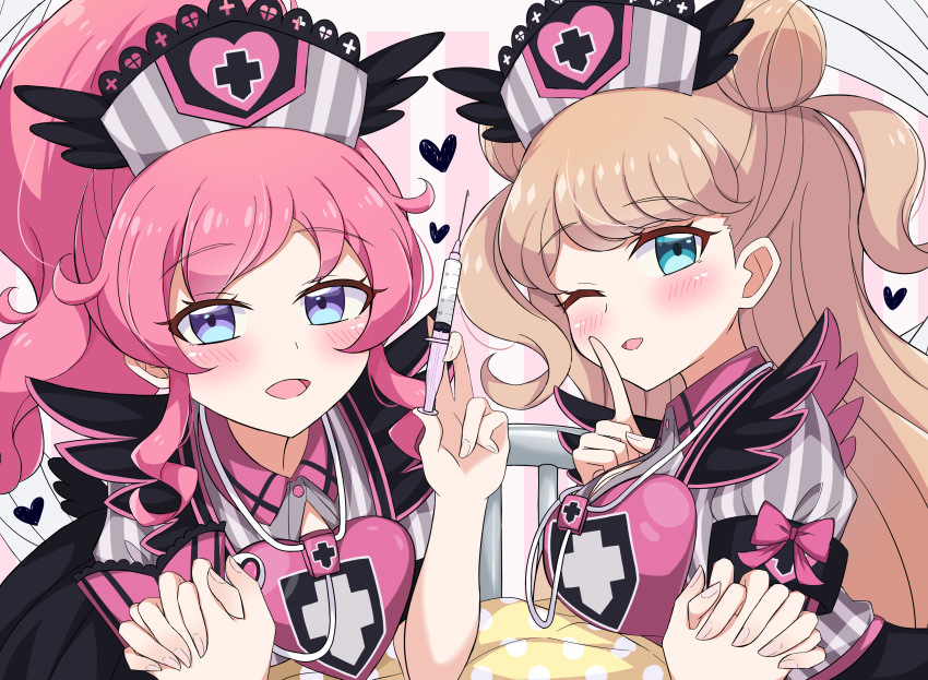 3girls :d ;d absurdres bed black_skirt blue_eyes blush bow breasts cleavage_cutout clothing_cutout cross double_bun female_pov finger_to_mouth hair_bun half-closed_eyes hat heart high_ponytail highres holding holding_hands holding_syringe interlocked_fingers kanamori_maria kiratto_pri_chan large_breasts light_brown_hair long_hair meiji_(meizi493) momoyama_mirai multicolored_shirt multiple_girls naughty_face nurse nurse_cap one_eye_closed open_mouth pink_hair pov pov_hands pretty_series puffy_short_sleeves puffy_sleeves purple_eyes shirt shirt_bow short_sleeves shushing skirt smile spoken_heart stethoscope striped_clothes striped_shirt striped_wall syringe two_side_up yuri