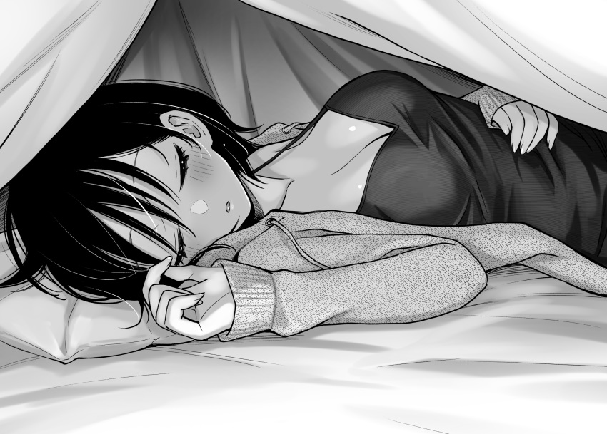 bed_sheet blush breasts camisole cleavage closed_eyes commentary dojirou eyelashes female greyscale hair_between_eyes highres jacket lifting_covers long_sleeves looking_at_viewer lying medium_breasts monochrome on_side open_clothes open_jacket original parted_lips short_hair sleeping sleeves_past_wrists solo spaghetti_strap under_covers upper_body