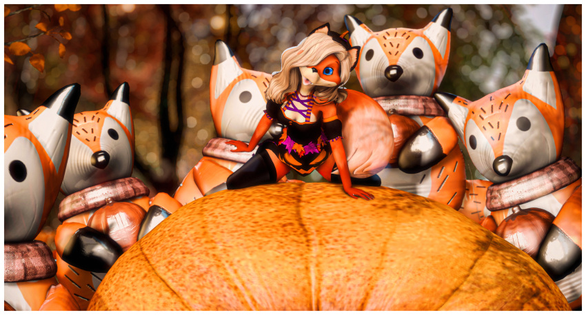 3d_(artwork) absurd_res anthro border canid canine digital_media_(artwork) female food fox fruit halloween hi_res holidays mammal plant pumpkin pumpkin_patch second_life solo stacy_kotlowski white_border