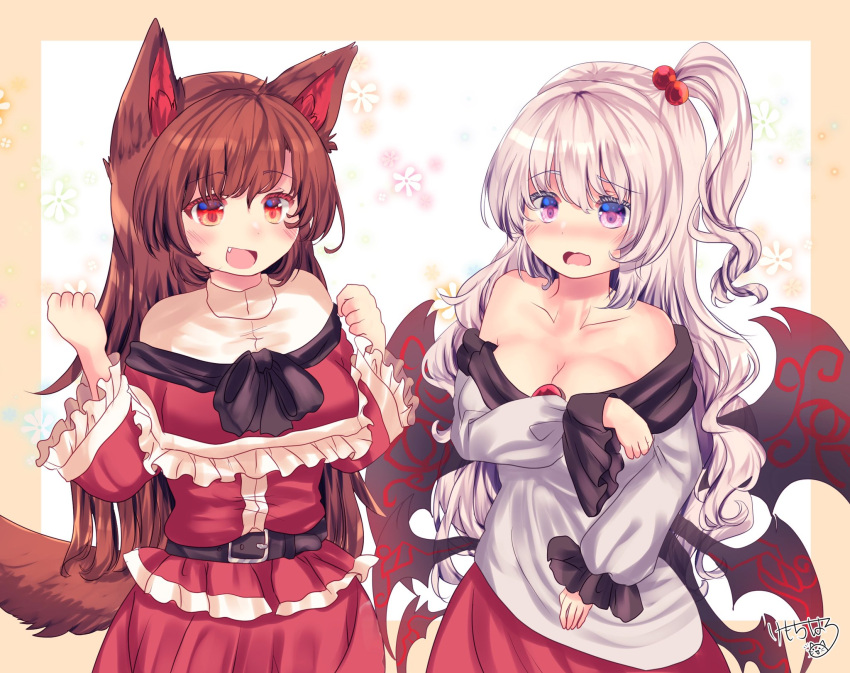 2girls animal_ears bare_shoulders blush breasts brooch brown_hair cleavage cosplay costume_switch dress highres imaizumi_kagerou imaizumi_kagerou_(cosplay) jewelry kemo_chiharu long_hair long_sleeves multiple_girls off-shoulder_dress off_shoulder open_mouth red_eyes shinki_(touhou) shinki_(touhou)_(cosplay) tail touhou touhou_(pc-98) wolf_ears wolf_tail