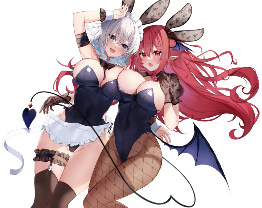 2girls :d animal_ears apron arm_up armband black_bow black_bowtie black_leotard black_thighhighs blue_eyes bow bowtie breasts bridal_garter commentary_request cowboy_shot demon_tail demon_wings detached_collar fake_animal_ears fishnet_pantyhose fishnets highres izayoi_sakuya koakuma large_breasts leotard long_hair looking_at_viewer low_wings maid_headdress multiple_girls natsuki_(ukiwakudasai) pantyhose playboy_bunny pointy_ears puffy_short_sleeves puffy_sleeves rabbit_ears red_eyes red_hair short_sleeves simple_background smile standing tail thighhighs thighs touhou very_long_hair waist_apron white_apron white_background white_hair wings