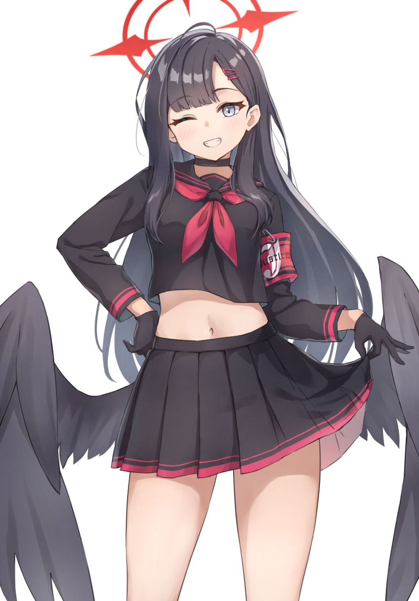 armband black_choker black_gloves black_hair black_sailor_collar black_serafuku black_skirt black_wings blue_archive blush choker cowboy_shot feathered_wings female gloves grey_eyes grin hair_ornament hairclip halo highres ichika_(blue_archive) long_hair low_wings matsu520 md5_mismatch neckerchief one_eye_closed pleated_skirt red_armband red_halo red_neckerchief resolution_mismatch safety_pin sailor_collar school_uniform serafuku simple_background skirt smile solo source_smaller unusually_open_eyes white_background wings