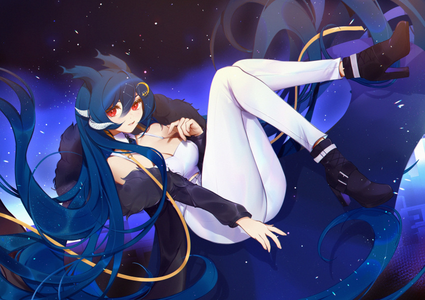 absurdres anntan blue_hair breasts cloud9 coat commentary constellation dragon_girl dragon_horns english_commentary female full_body hair_between_eyes high_heels highres horns large_breasts long_hair long_sleeves looking_at_viewer pants red_eyes second-party_source solo very_long_hair vienna_(vtuber) vienna_(vtuber)_(1st_costume) virtual_youtuber