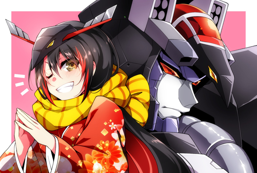 black_hair border choujuu_kishin_dancouga couga_(robot_girls_z) dancouga dancouga_(series) female japanese_clothes kimono long_hair mecha multicolored_hair one_eye_closed own_hands_together pink_background red_hair red_kimono robot robot_girls_z scarf shapiro streaked_hair super_robot white_border yellow_scarf