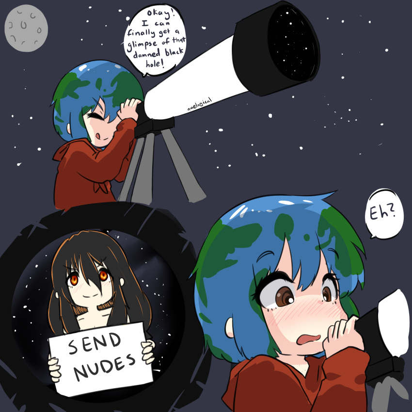 2girls absurdres artist_name black_hair blackhole-chan blue_hair brown_eyes earth-chan english_text green_hair highres holding holding_sign multicolored_hair multiple_girls nuelogical orange_eyes original sign smile telescope tongue tongue_out two-tone_hair