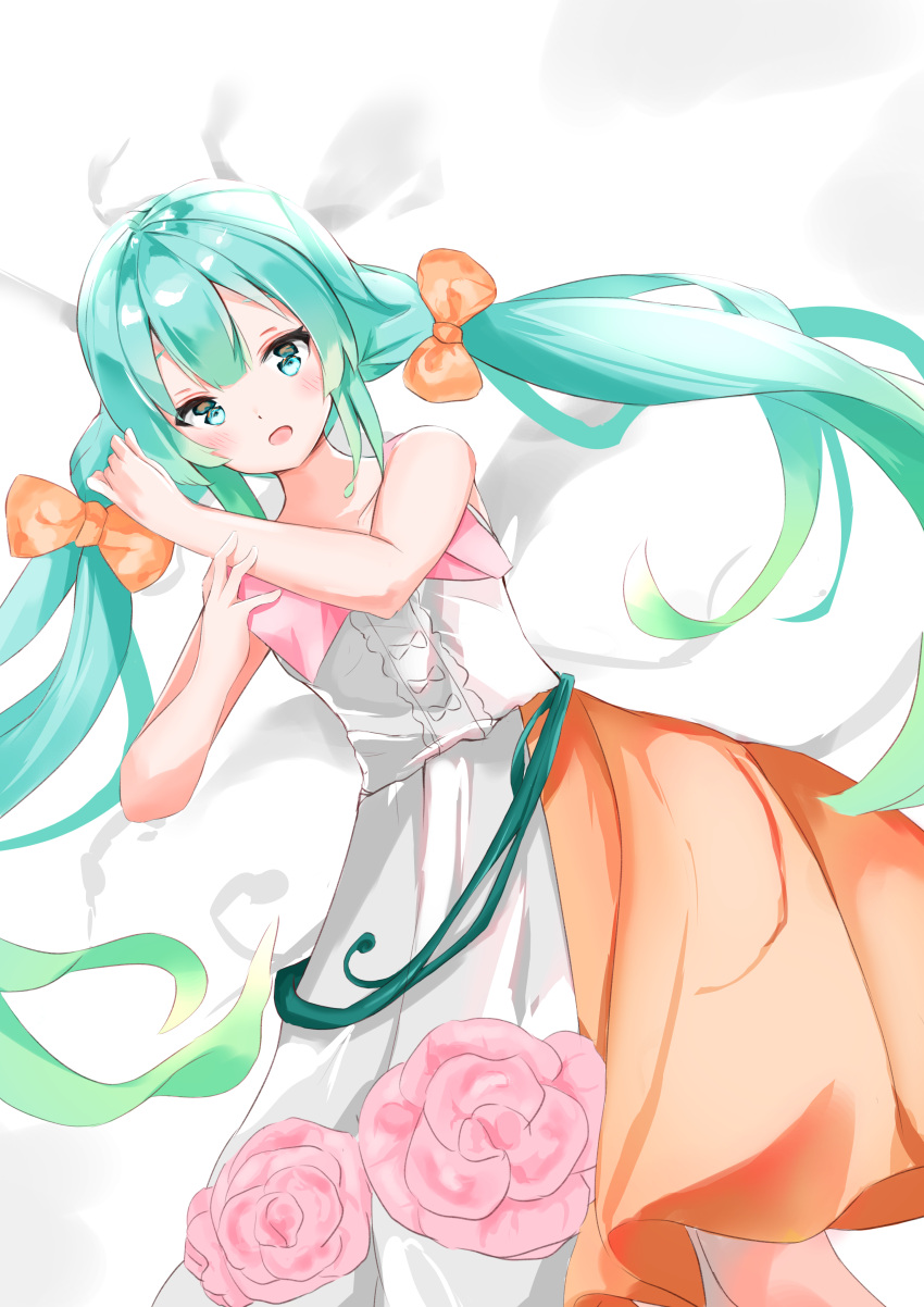 absurdres aqua_hair bare_arms bare_shoulders bed_sheet bow collarbone commentary dress female flower green_eyes green_hair hairbow hands_up hatsune_miku highres long_hair orange_bow pink_flower pink_rose rose solo twintails very_long_hair vocaloid white_dress yukaa