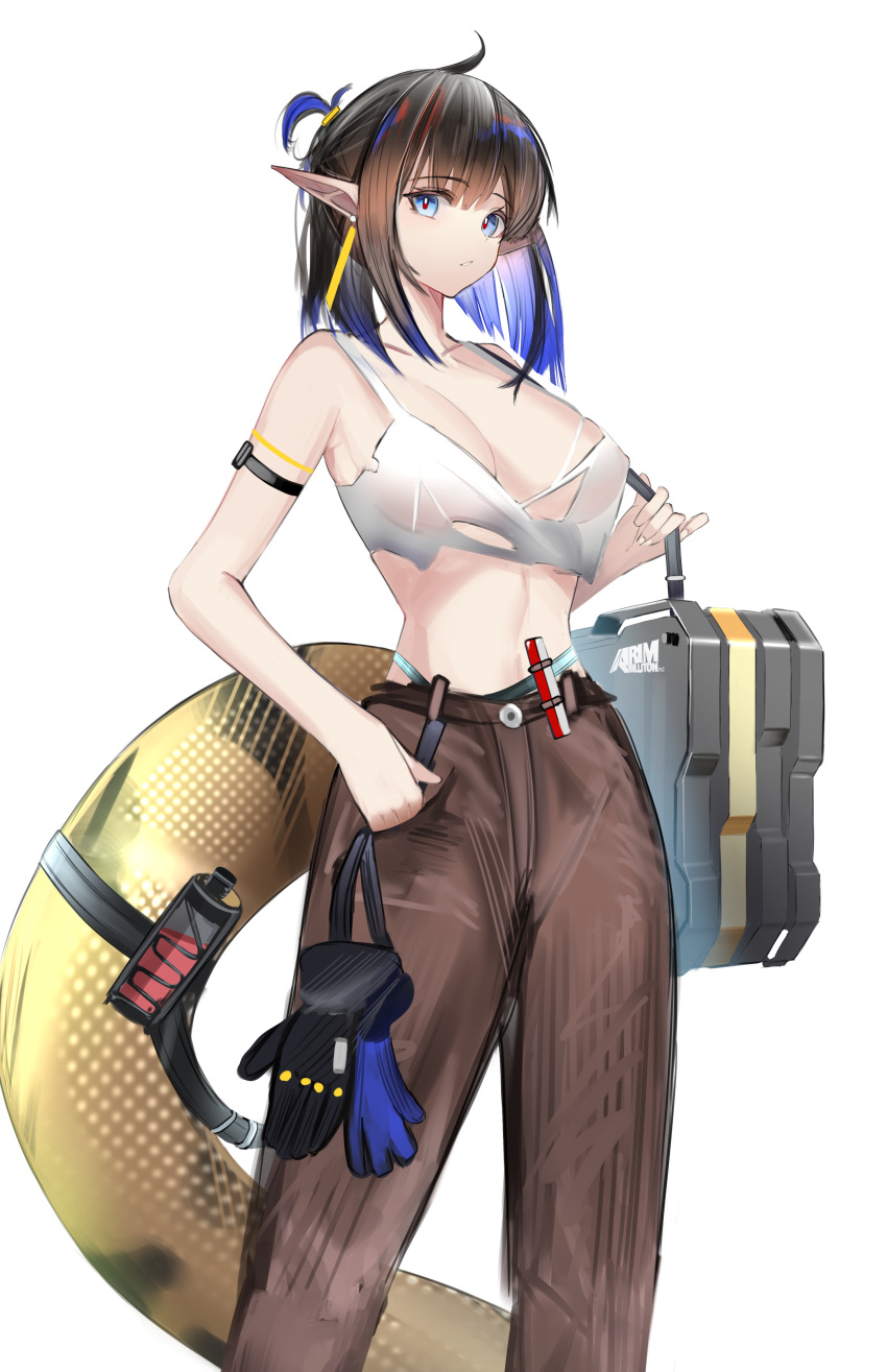 absurdres arknights arm_strap bare_arms bare_shoulders black_hair blue_eyes blue_hair breasts brown_pants camisole cleavage commentary_request cowboy_shot crop_top eugle_na eunectes_(arknights) eunectes_(forgemaster)_(arknights) female gloves highres large_breasts medium_hair midriff multicolored_hair navel official_alternate_costume pants partial_commentary pointy_ears rim_billiton_logo simple_background snake_tail solo spaghetti_strap standing stomach tail unworn_gloves white_background