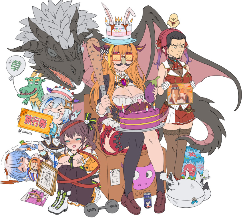 5girls amane_kanata animal_ears annotated asacoco ascot asymmetrical_legwear balloon baseball_bat bat_(animal) birthday birthday_cake blood boots bow box breasts cake can't_show_this_(meme) carrot commentary cosplay dinosaur dragon dragon_girl dragon_horns drugs drunk dumbbell eggplant fake_animal_ears fake_facial_hair fake_mustache fake_nose floral_print fold-over_boots food frills glasses gloves green_eyes hair_ornament hairbow happy_birthday highleg highleg_leotard holding holding_weapon hololive horns houshou_marine houshou_marine_(1st_costume) houshou_marine_(cosplay) kiryu_coco kiryu_coco_(1st_costume) kiryu_kazuma large_breasts leotard leotard_under_clothes long_hair mask meme multiple_girls nail nail_bat natsuiro_matsuri no_animal_ears on_box orange-tinted_eyewear orange_hair purple_hair ribbon ryuu_ga_gotoku_(series) sitting sitting_on_box sunglasses tinted_eyewear triceratops uneven_legwear usada_pekora usada_pekora_(1st_costume) vinhnyu virtual_youtuber weapon white_footwear white_gloves