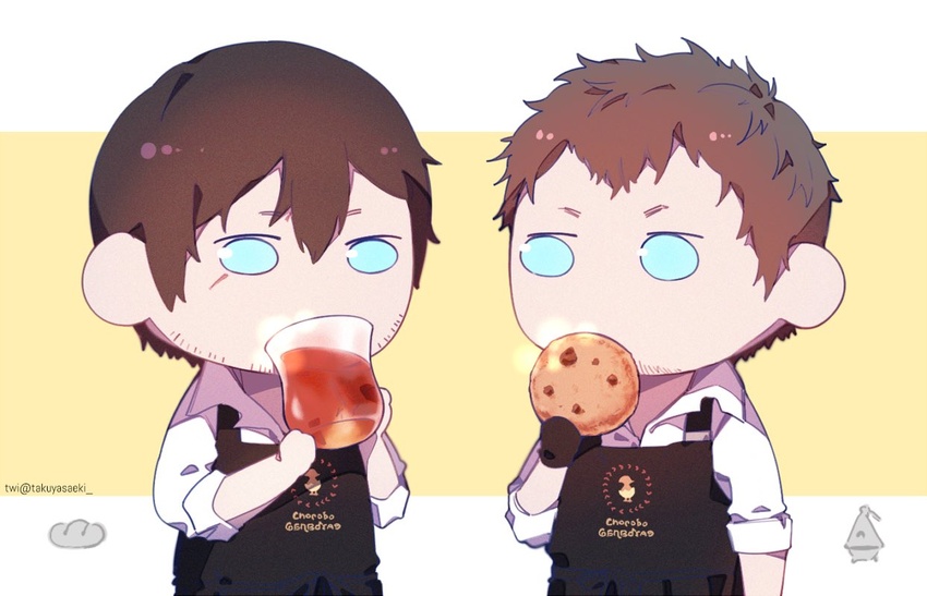 2boys adventurer_(ff14) apron ardbert_hylfyst black_apron blue_eyes brown_hair chibi chocolate_chip_cookie cookie cup drinking facial_hair final_fantasy final_fantasy_xiv food holding holding_cup holding_food hyur looking_at_another male_focus multiple_boys shirt short_hair simple_background sleeves_rolled_up takuyasaeki twitter_username warrior_of_light_(ff14) white_shirt