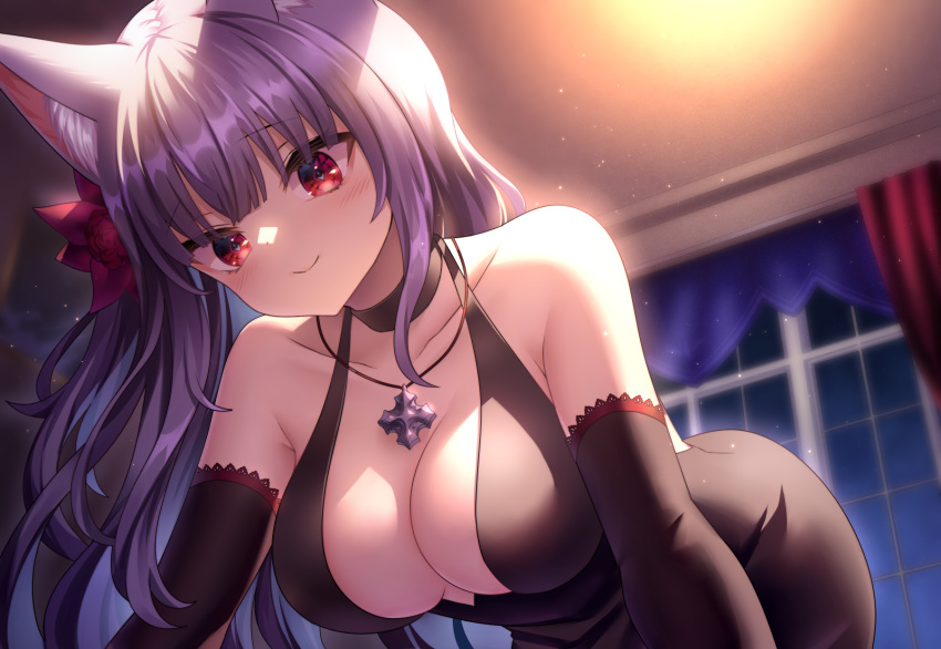 animal_ears black_dress black_gloves blush breasts curtains dress elbow_gloves female flower fox_ears fox_girl gloves hair_flower hair_ornament highres indie_virtual_youtuber indoors jewelry kamishiro_natsume large_breasts looking_at_viewer neit_ni_sei night pendant purple_hair red_eyes smile solo symbol-shaped_pupils virtual_youtuber window