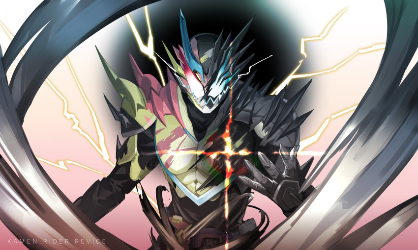 1boy alternate_costume armor black_armor commentary darkness evolution glowing glowing_eyes green_armor highres jiuri_jiuhao kamen_rider kamen_rider_jack_revice kamen_rider_revi kamen_rider_revice light lightning male_focus pink_armor power_armor red_eyes revice_driver symbol-only_commentary thundergale_revice thundergale_vistamp transformation