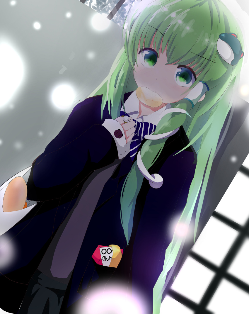 :t alternate_costume arm_at_side bag blush bow cardigan chips_(food) eating female food food_in_mouth food_wrapper frog_hair_ornament green_eyes green_hair grocery_bag hair_ornament hair_tubes hakuda32 hand_on_own_chest highres jewelry kochiya_sanae light_particles long_hair long_sleeves looking_at_viewer object_in_pocket outdoors pleated_skirt potato_chips ring school_uniform shopping_bag skirt sleeves_past_wrists snake_hair_ornament snow solo striped striped_bow sweater_vest touhou v-shaped_eyebrows very_long_hair