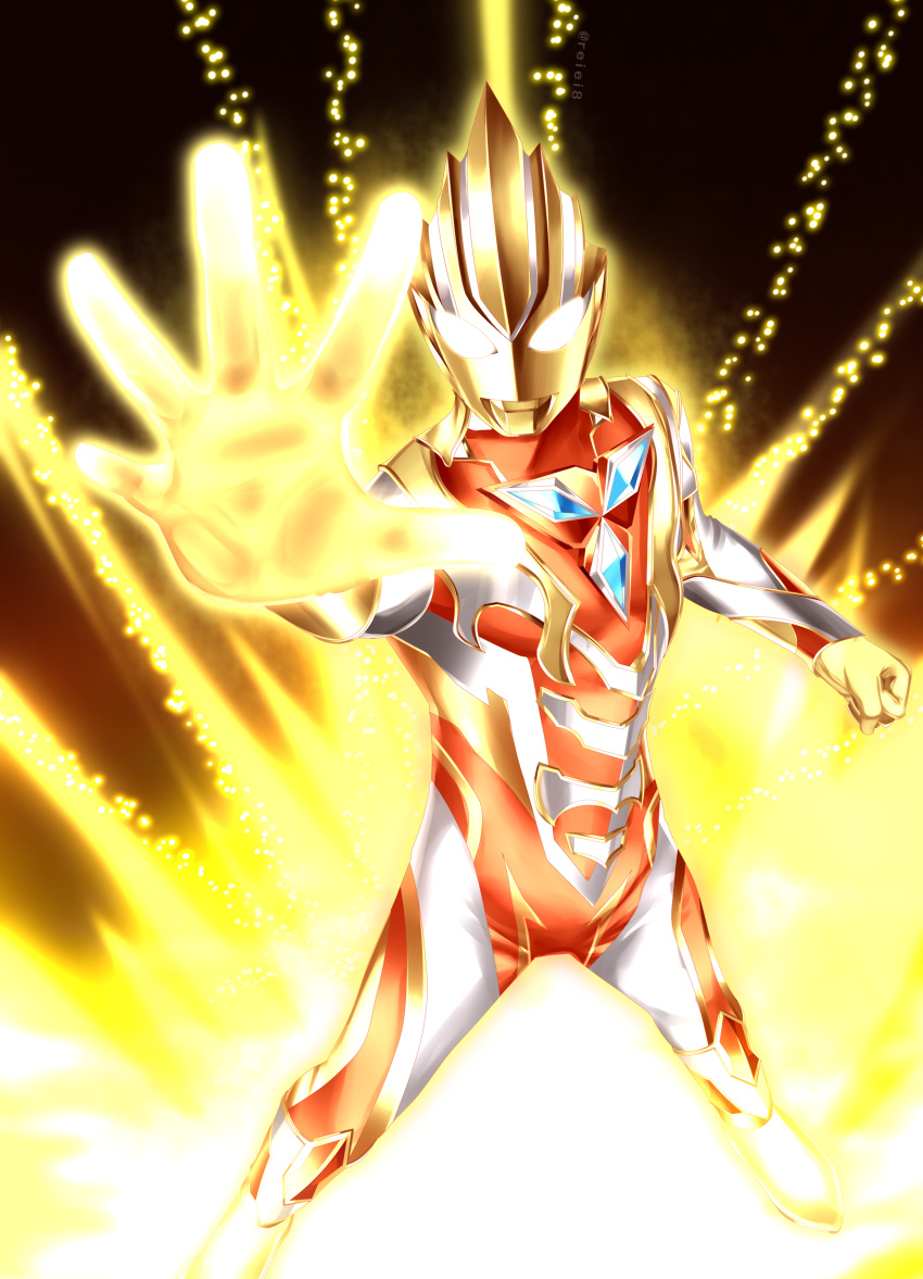 1boy absurdres alien aura color_timer commentary english_commentary glitter_trigger_eternity glowing glowing_eyes highres light_particles looking_at_viewer male_focus no_humans reiei_8 solo standing tokusatsu ultra_series ultraman_trigger ultraman_trigger_(series) yellow_eyes