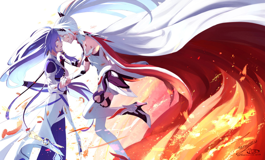 2girls absurdres armor black_hair blue_eyes blue_pants boots cape forehead-to-forehead fu_hua fu_hua_(azure_empyrea) fu_hua_(taixuan_impression) gauntlets heads_together highres holding_hands honkai_(series) honkai_impact_3rd irisxu2624 kiana_kaslana kiana_kaslana_(herrscher_of_flamescion) long_hair looking_at_another multiple_girls open_mouth pants ponytail shirt smile thighhighs white_cape white_hair white_legwear white_shirt yuri