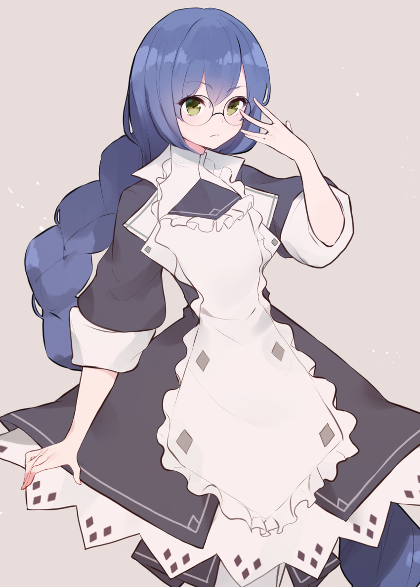 adjusting_eyewear black_dress blue_hair breasts dress female frown glasses green_eyes grey_background highres long_hair looking_at_viewer open_hand original ponytail sakotach sleeves_rolled_up small_breasts solo standing white_dress