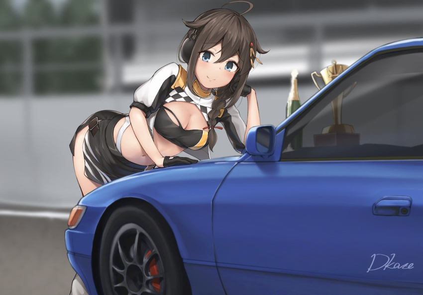 ahoge alternate_costume bandeau black_bandeau black_gloves black_hair black_skirt blue_eyes braid breasts car commission cropped_jacket driftkingtw female gloves hair_flaps hair_over_shoulder headphones jacket kantai_collection medium_breasts miniskirt motor_vehicle nissan nissan_s13_silvia nissan_silvia open_clothes open_jacket pencil_skirt race_queen shigure_(kancolle) shigure_kai_ni_(kancolle) short_sleeves skirt solo sports_car white_jacket