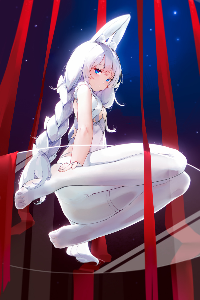 against_glass animal_ear_fluff animal_ears ass azur_lane blue_eyes braid breasts feet female from_below glass highres le_malin_(azur_lane) le_malin_(listless_lapin)_(azur_lane) legs leotard long_hair looking_down no_shoes official_alternate_costume pantyhose playboy_bunny rabbit_ears ribbon see-through sitting small_breasts solo thigh_strap thighs toes transparent_seat twin_braids twintails very_long_hair white_hair white_leotard white_pantyhose wo_chi_xiangjiao_pi wrist_cuffs