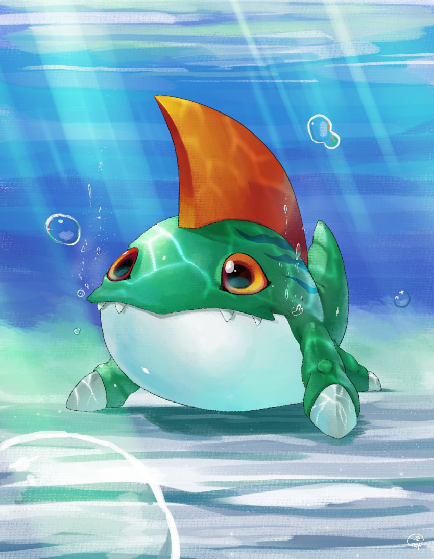 air_bubble betamon bubble digimon digimon_(creature) fangs highres nihonenrique no_humans orange_eyes sharp_teeth solo tail teeth underwater