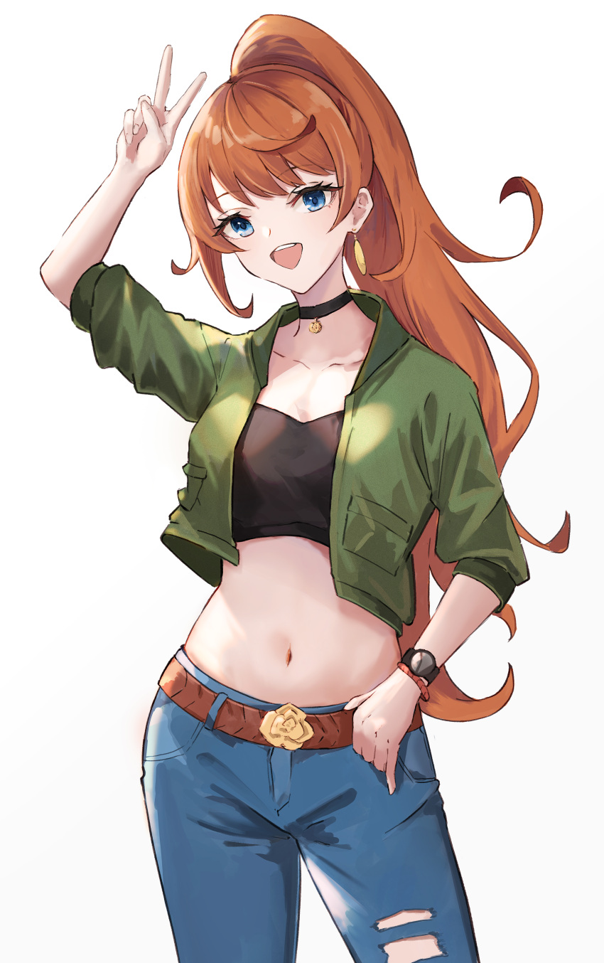 :d absurdres anna_schneider arm_up bad_id bad_twitter_id belt black_choker black_shirt blue_eyes blue_pants choker crop_top cropped_jacket denim earrings ema_(kuguiema) female green_jacket highres jacket jewelry long_hair looking_at_viewer midriff navel open_clothes open_jacket orange_hair pants ponytail shirt simple_background smile solo stomach takt_op. torn_clothes torn_pants v watch white_background wristwatch